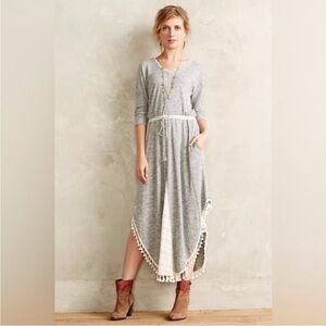 Anthropologie gray v neck dress Drawstring waist, curved tassel hem. Like new!